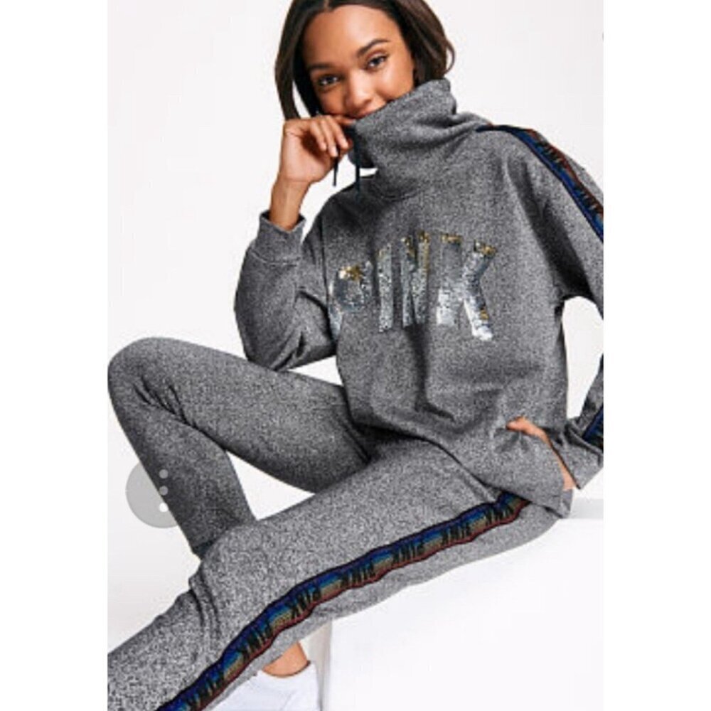 NEW! Victoria's Secret PINK Sequin Bling Cowl Neck Rainbow Sweatshirt Gray XS